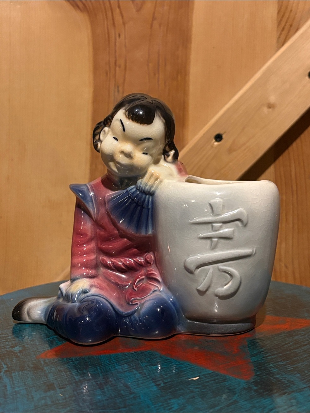 Vintage Glazed Royal Copley Ceramic Figurine Planter in Pink and Blue